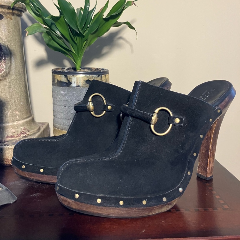 Gucci Black Suede Mules with Wooden Heel